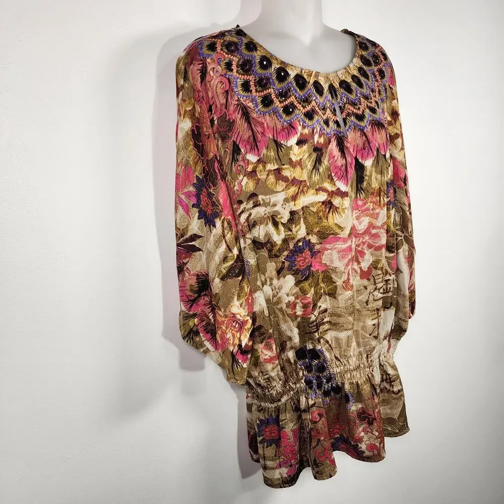 Chicos Peacock Floral Print Beaded Smocked Waist Blouse Size 3 US XL Artsy Boho